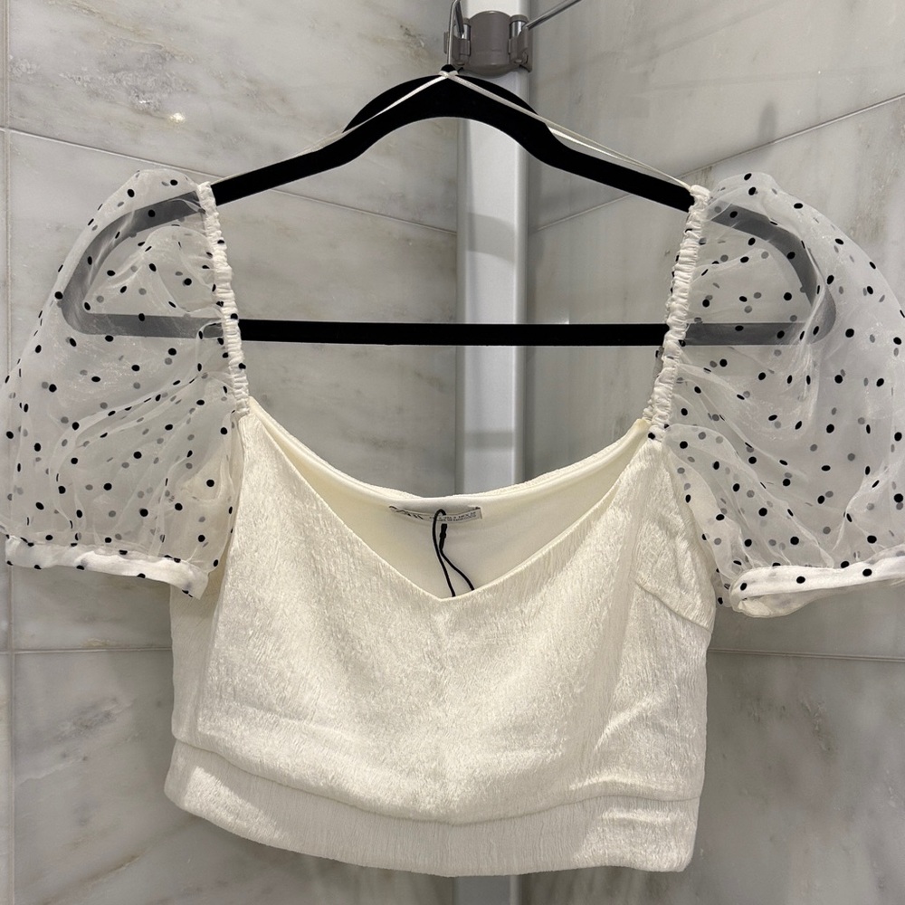 Zara White Crop Top with Sheer Polka Dot Sleeves
